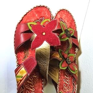 Elite by Corkys leather Poppy Red Floral festival heel Sandal stitching happy 9